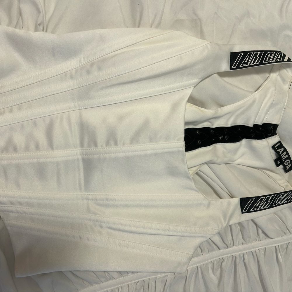 I.AM.GIA White Corset Top with Black Logo Straps